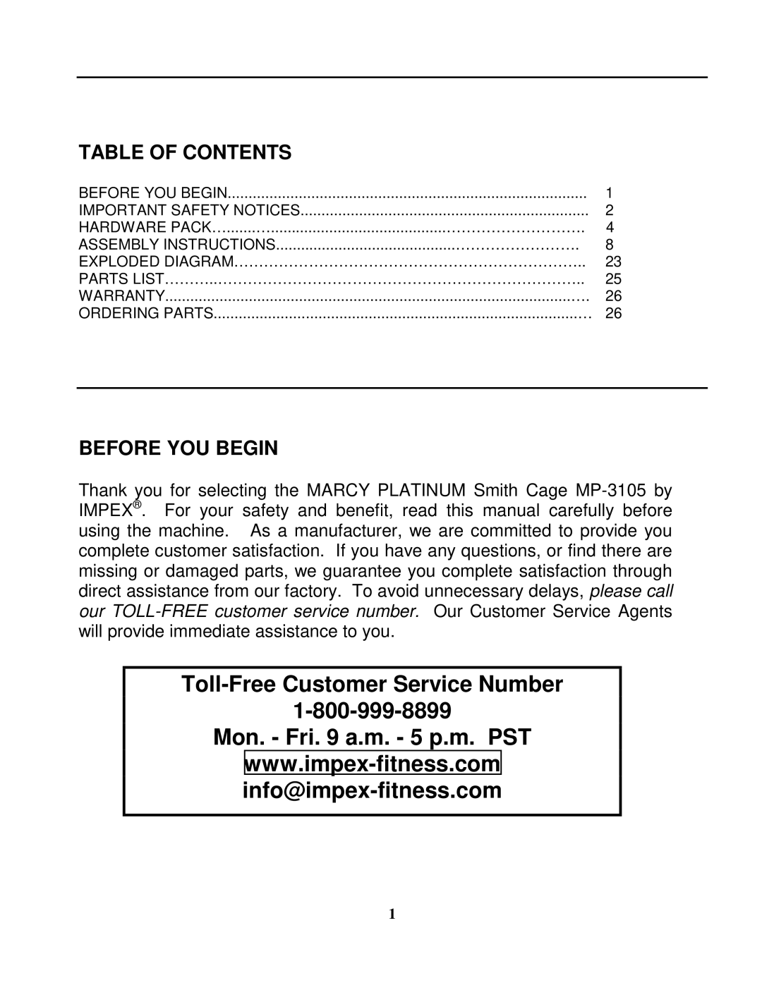 Impex MP-3105 manual Toll-Free Customer Service Number Mon. Fri a.m. 5 p.m. PST 