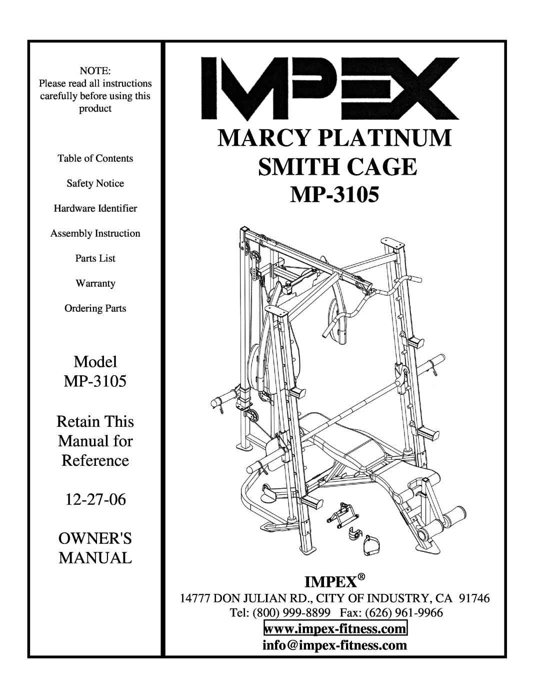 Impex MP-3105 manual Impex, info@impex-fitness.com, Smith Cage, Marcy Platinum, Model, Retain This, Manual for, Reference 