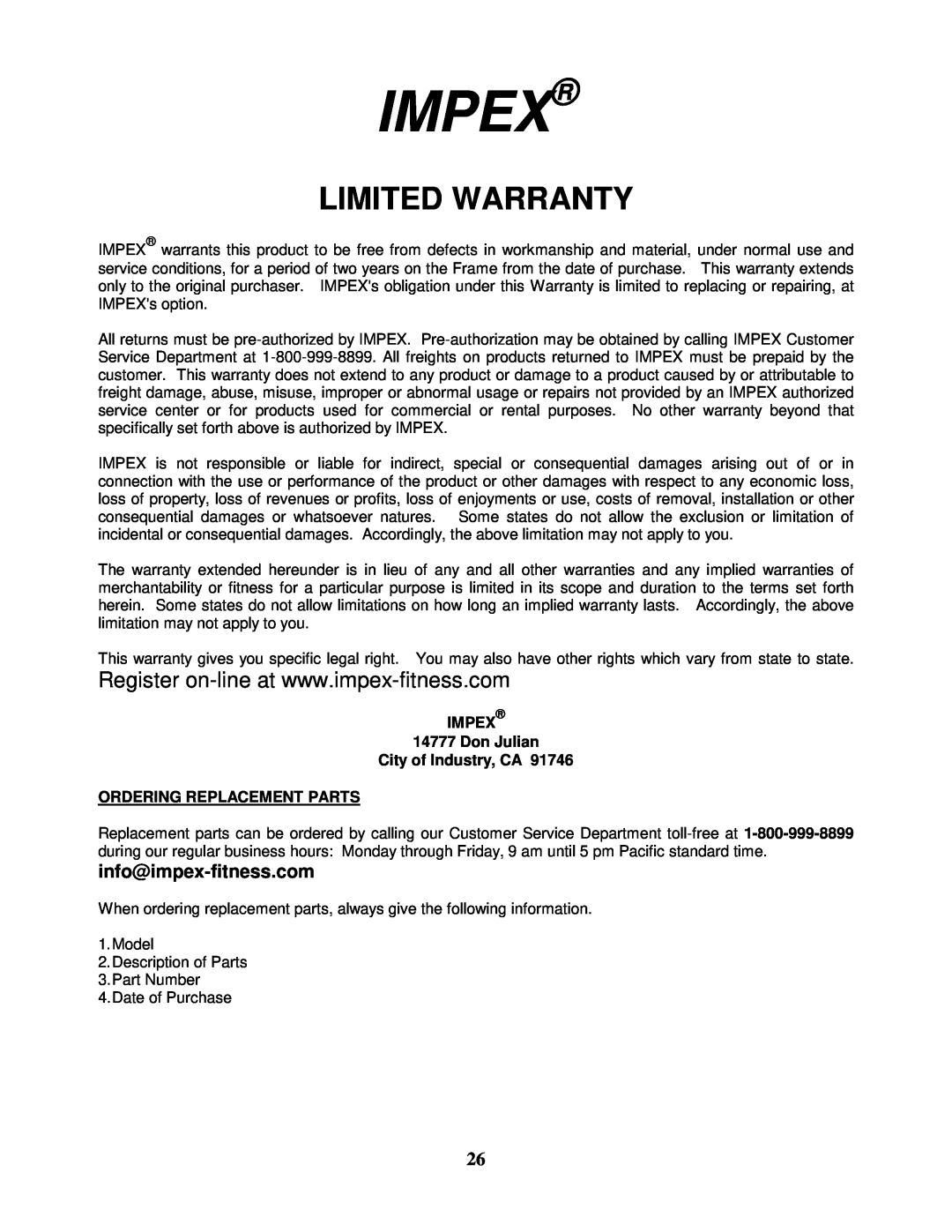 Impex MP-3105 manual Impex, Limited Warranty, IMPEX 14777 Don Julian City of Industry, CA, Ordering Replacement Parts 