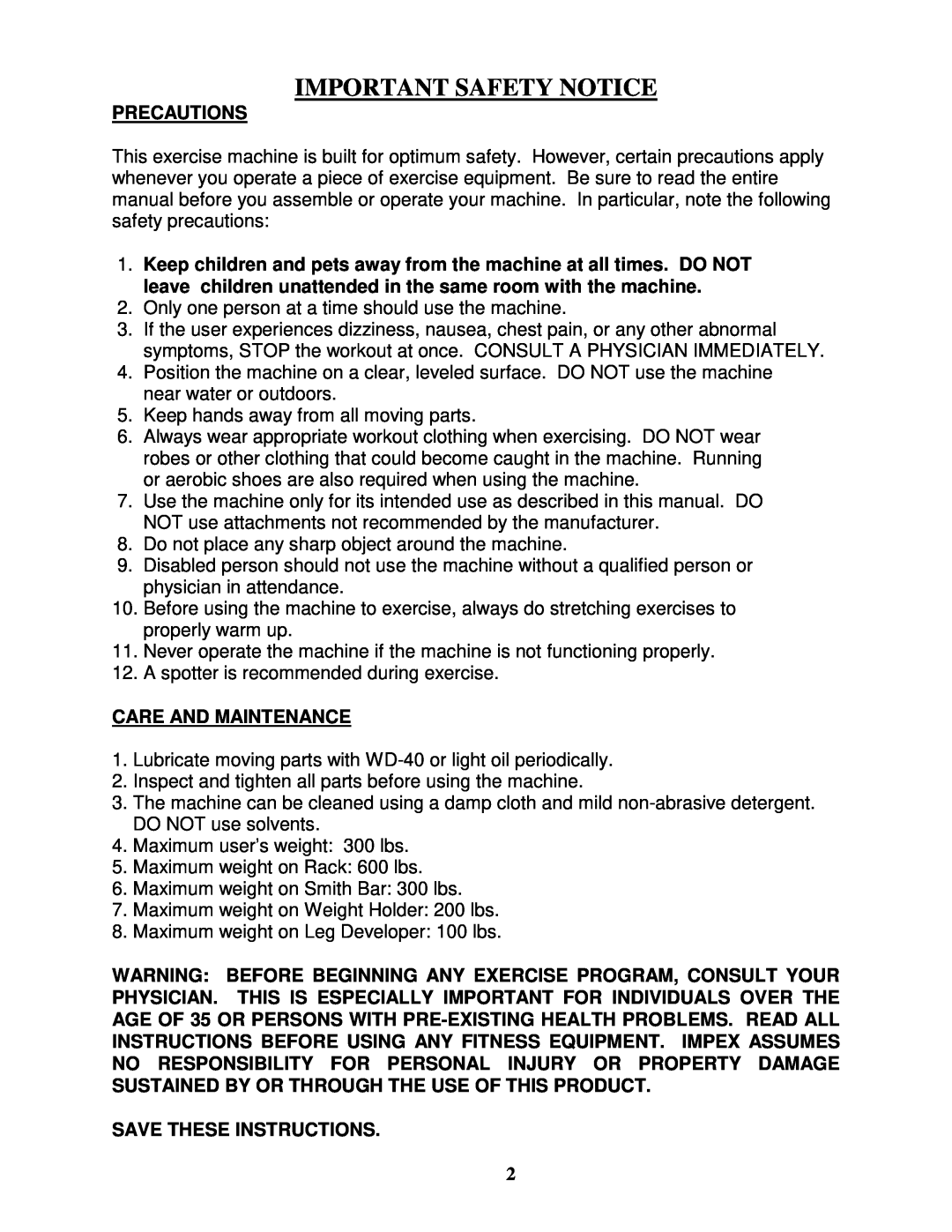 Impex MP-3105 manual Important Safety Notice, Precautions, Care And Maintenance, Save These Instructions 