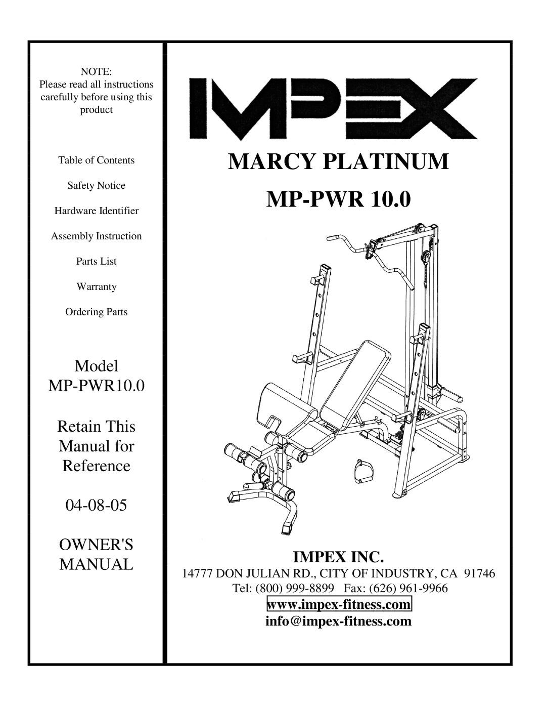 Impex MP-PWR10.0 manual Marcy Platinum 