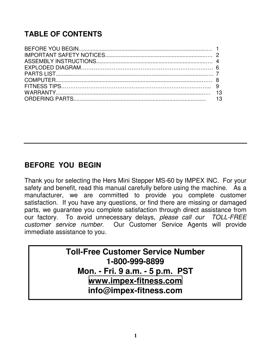 Impex MS-60 manual Table of Contents, Before YOU Begin 