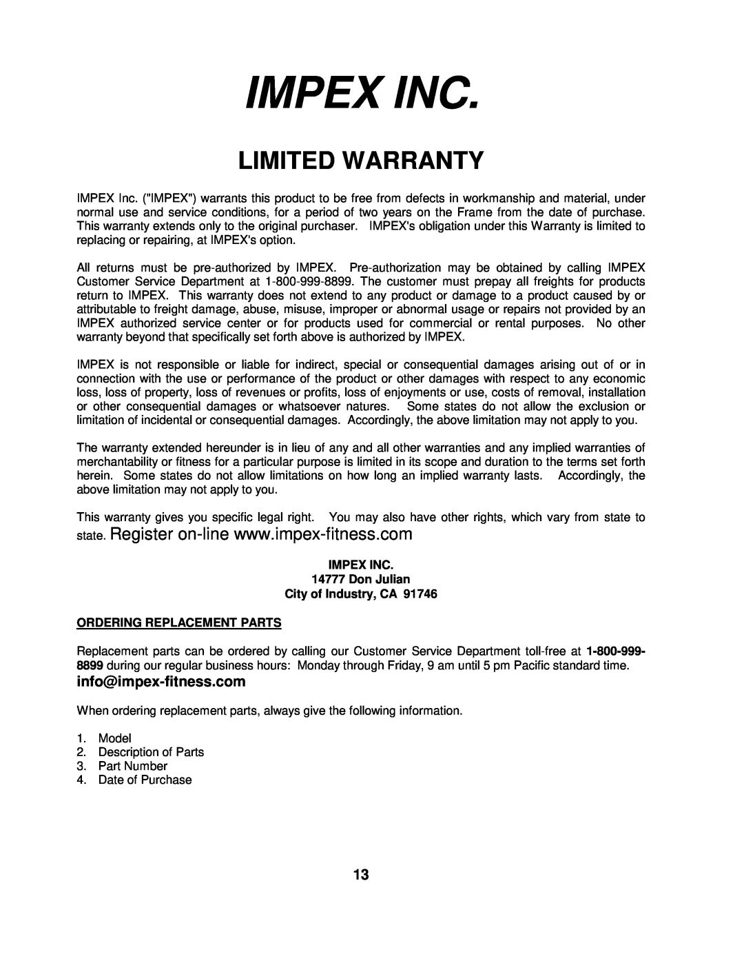 Impex MS-60 manual Impex Inc, Limited Warranty, IMPEX INC 14777 Don Julian City of Industry, CA, Ordering Replacement Parts 