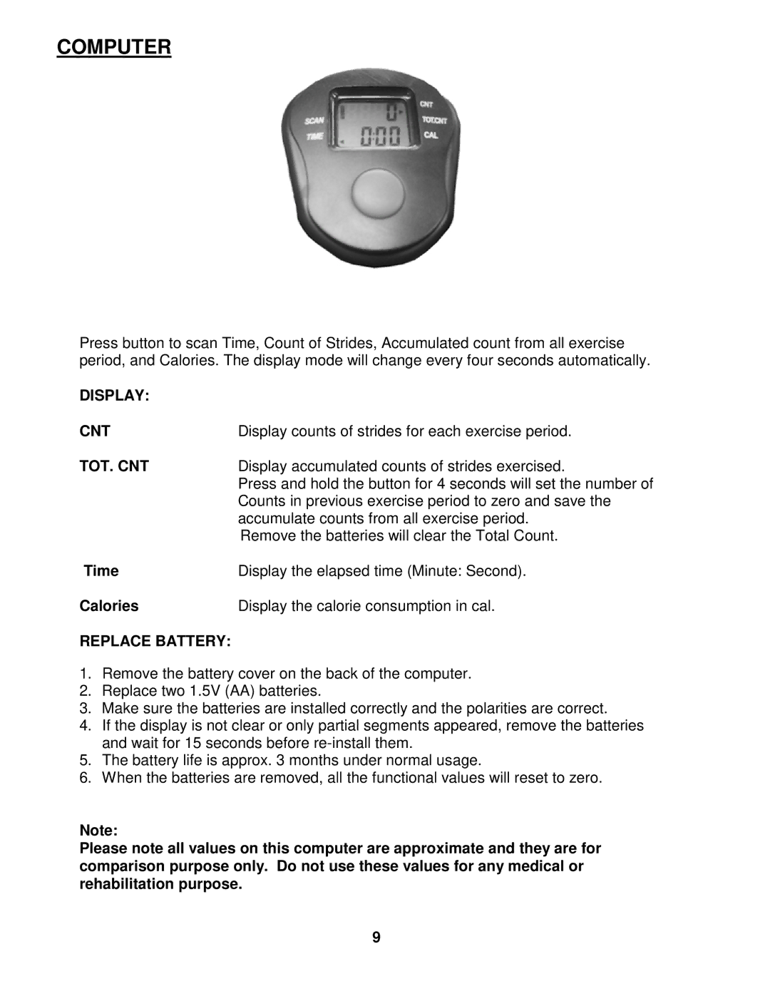 Impex MS-93 manual Computer, Display CNT, Tot. Cnt, Replace Battery 