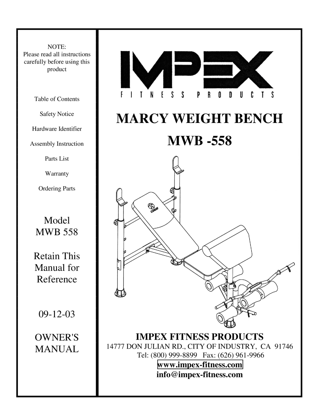 Impex MWB -558 manual Marcy Weight Bench 