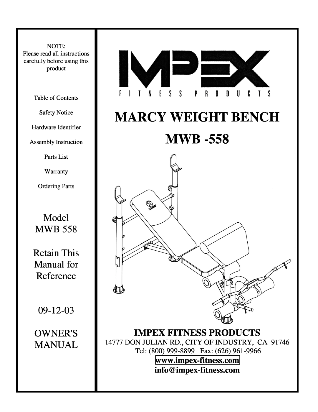 Impex MWB -558 manual info@impex-fitness.com, Marcy Weight Bench, Model, Retain This, Manual for, Reference, Owners 