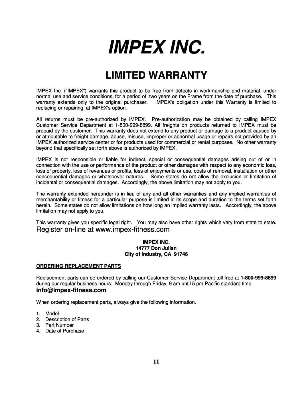 Impex MWB -558 Limited Warranty, Impex Inc, IMPEX INC 14777 Don Julian City of Industry, CA, Ordering Replacement Parts 
