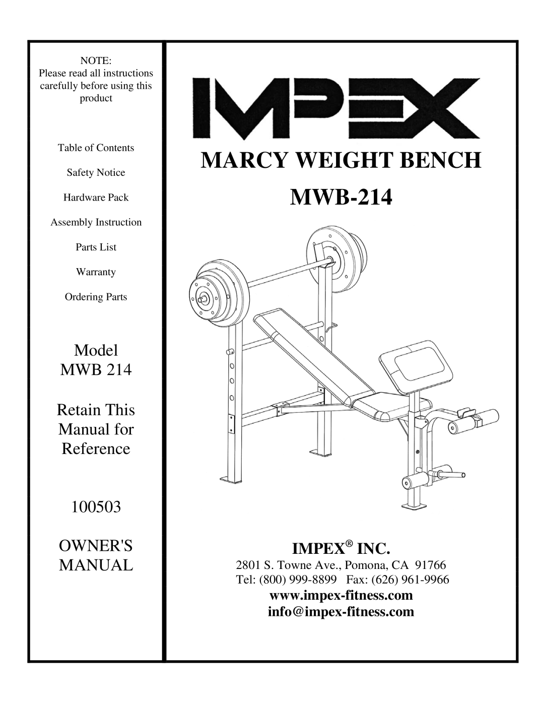 Impex MWB 214 manual Marcy Weight Bench 