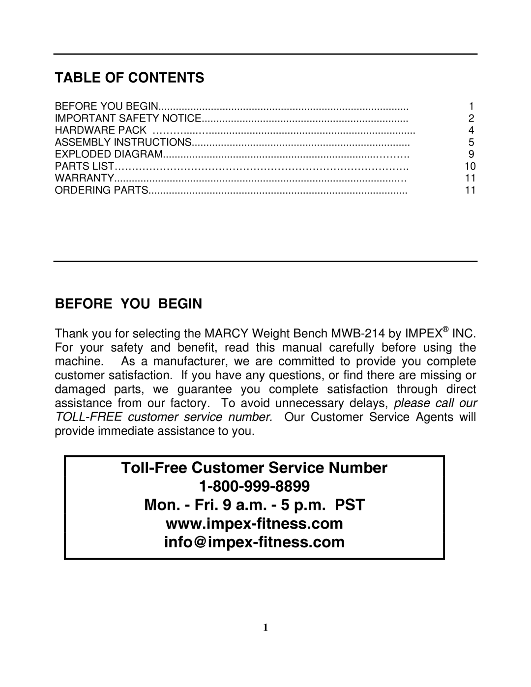 Impex MWB 214 manual Toll-Free Customer Service Number Mon. Fri a.m. 5 p.m. PST 