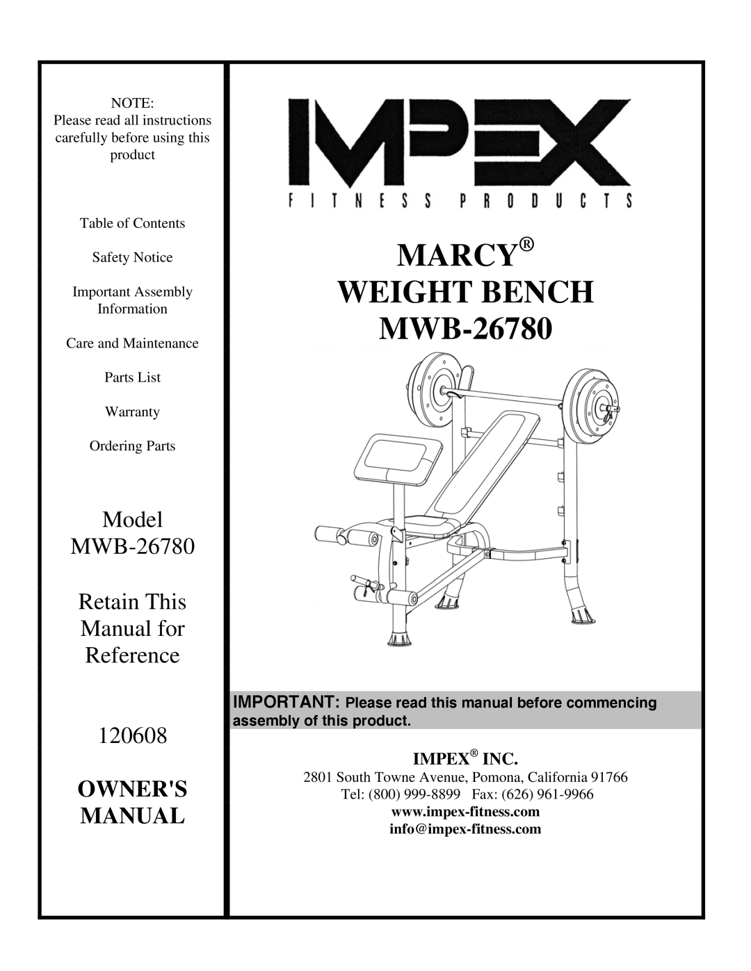 Impex MWB-26780 manual Marcy Weight Bench 