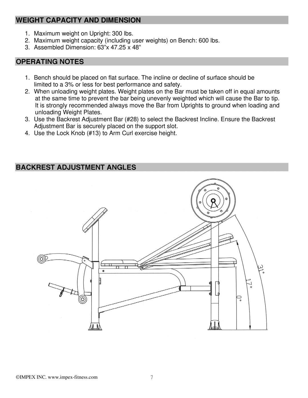 Impex MWB-26780 manual Weight Capacity and Dimension, Operating Notes, Backrest Adjustment Angles 