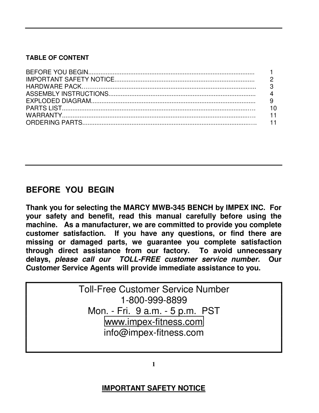 Impex MWB-345 manual Before YOU Begin, Table of Content 