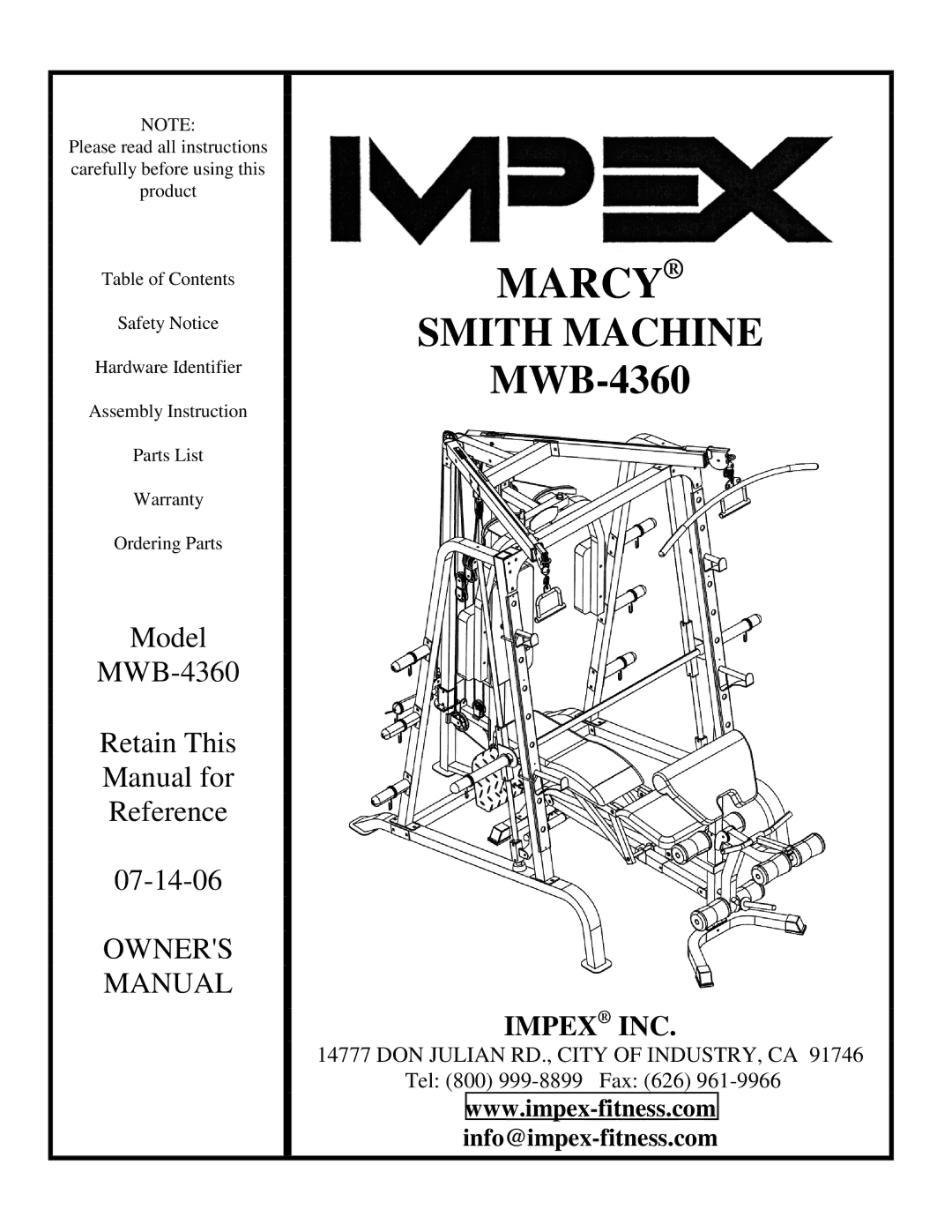 Impex MWB-4360 manual Marcy 