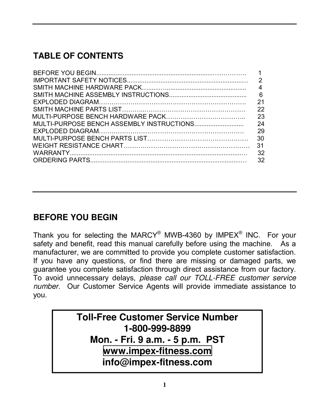 Impex MWB-4360 manual Toll-Free Customer Service Number Mon. Fri a.m. 5 p.m. PST 