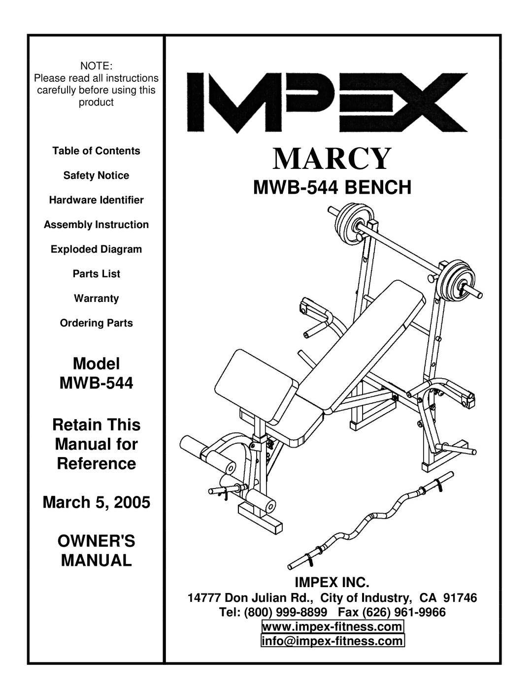 Impex MWB-544 manual Marcy 