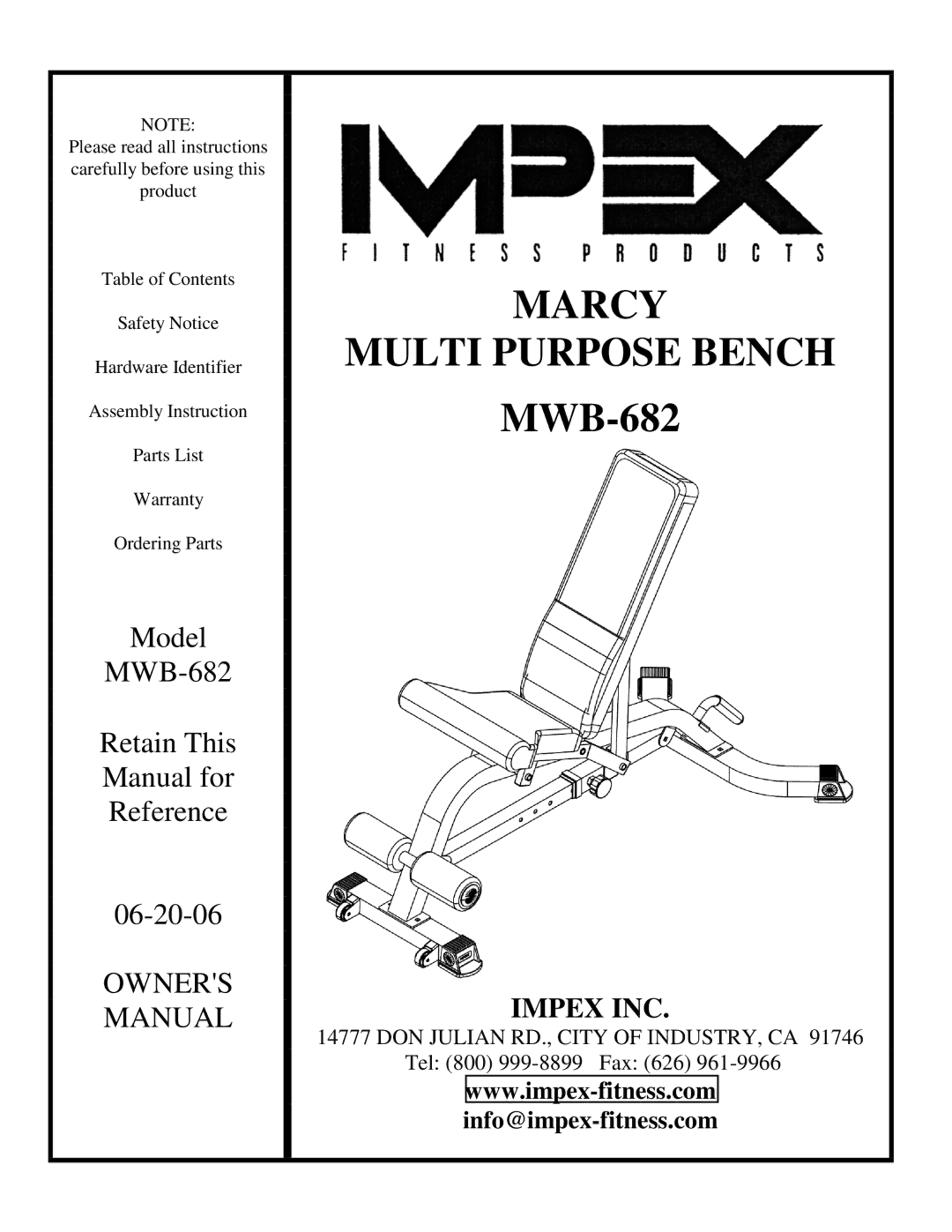 Impex MWB-682 manual Marcy 