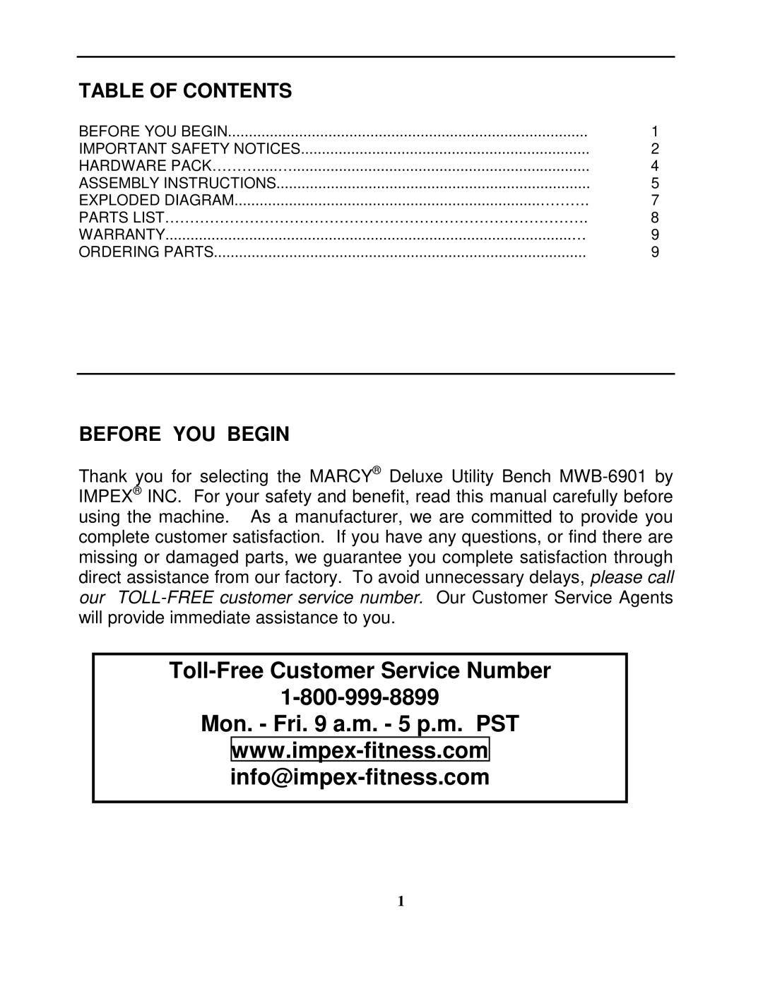 Impex MWB-6901 manual Table of Contents, Before YOU Begin 