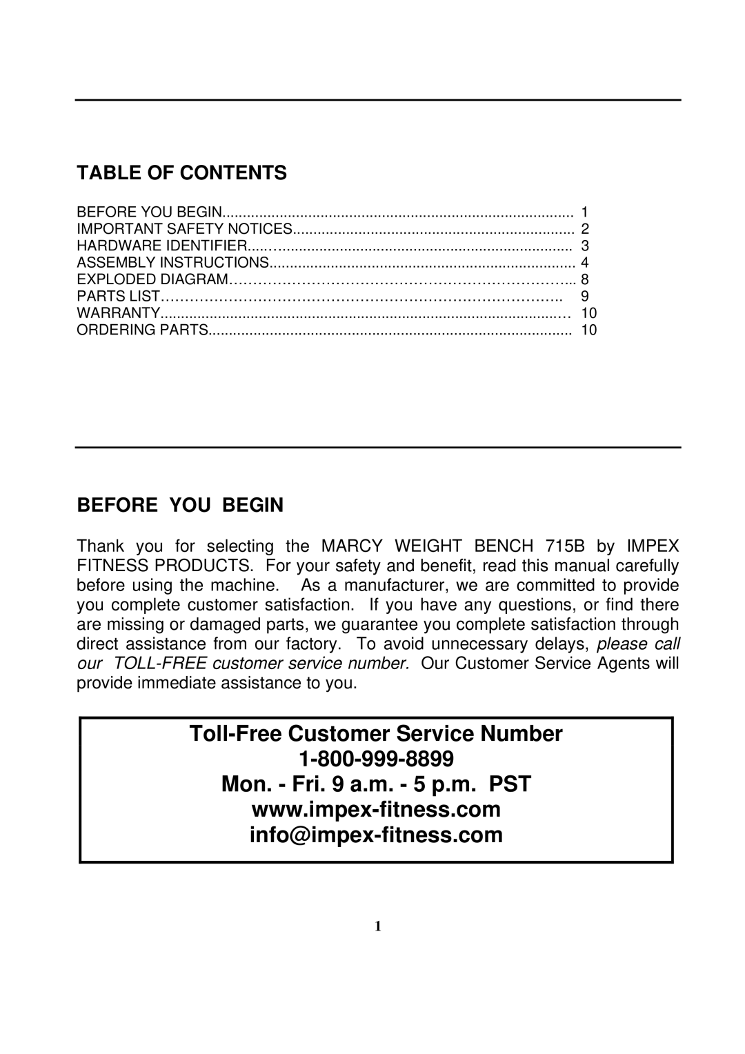 Impex MWB 715B manual Toll-Free Customer Service Number Mon. Fri a.m. 5 p.m. PST 