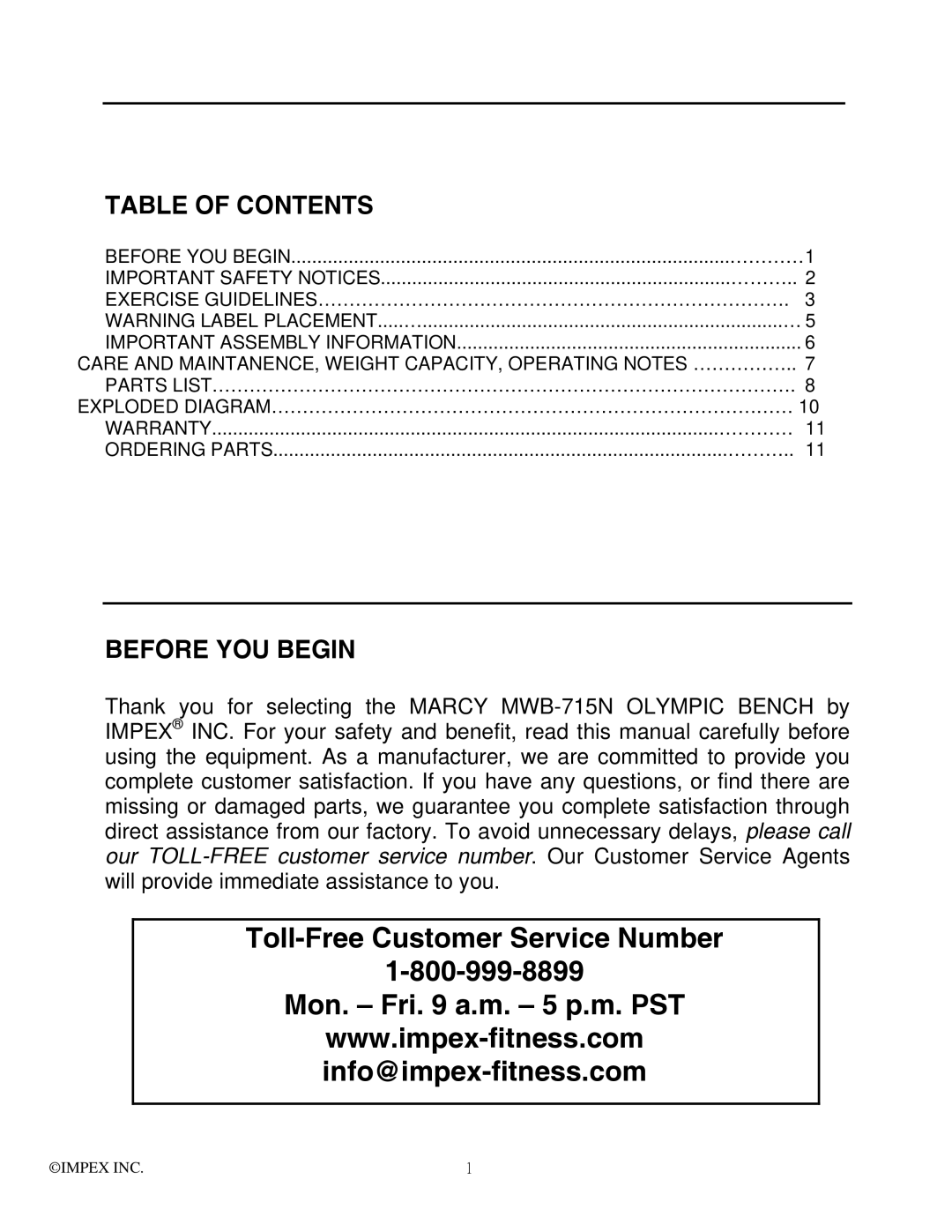 Impex MWB-715N manual Toll-Free Customer Service Number Mon. Fri a.m. 5 p.m. PST 