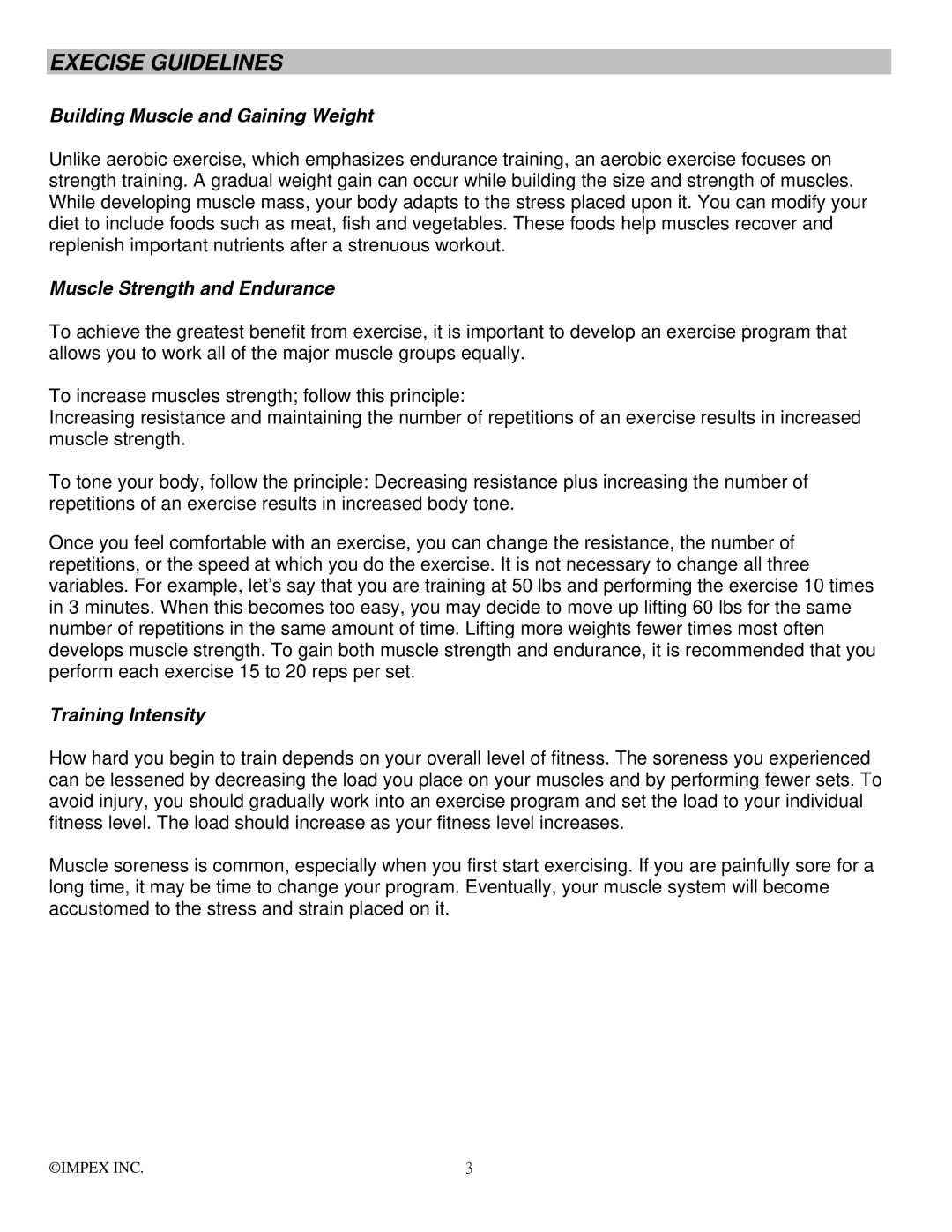 Impex MWB-715N manual Execise Guidelines 