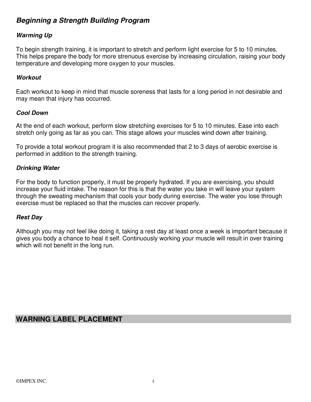 Impex MWB-715N manual Beginning a Strength Building Program 