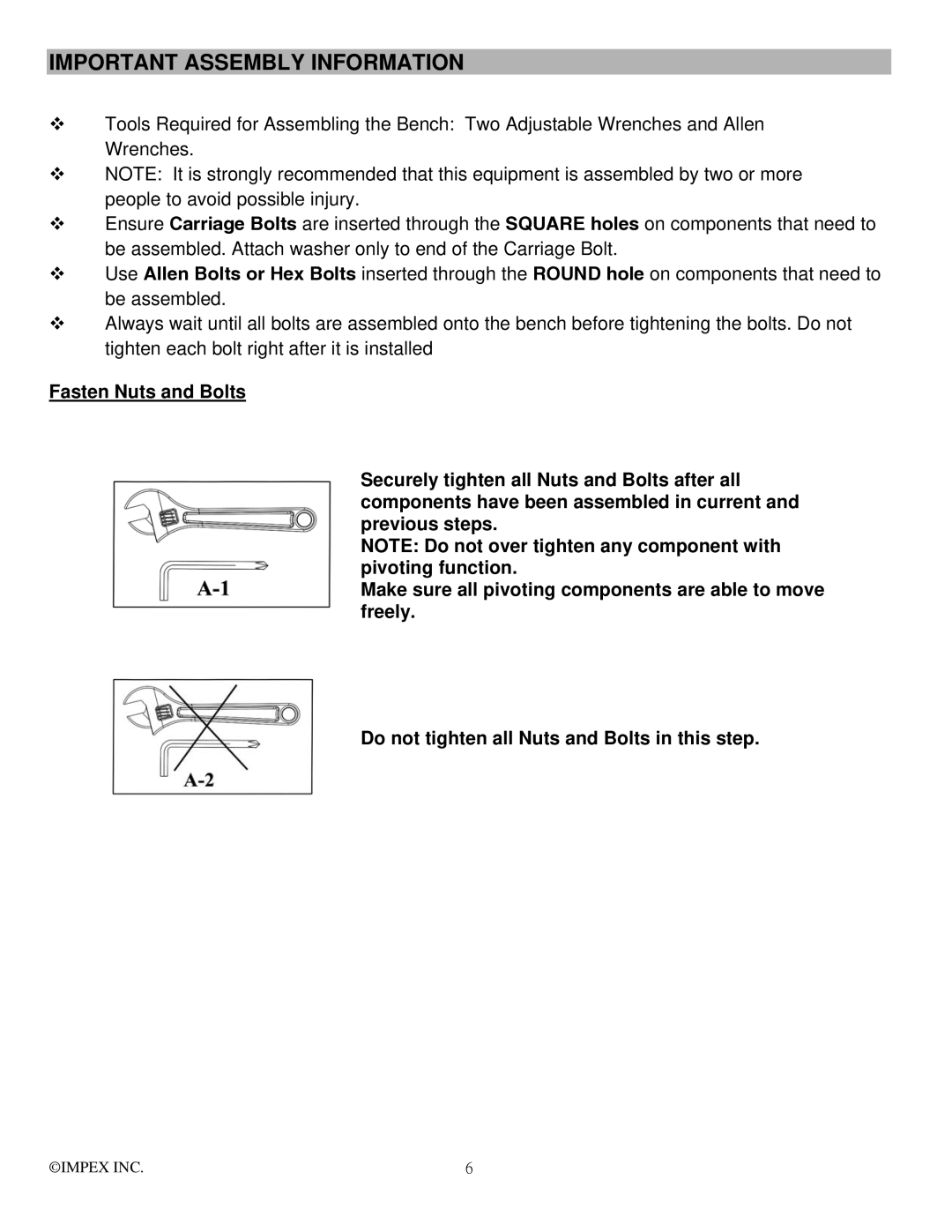 Impex MWB-715N manual Important Assembly Information 