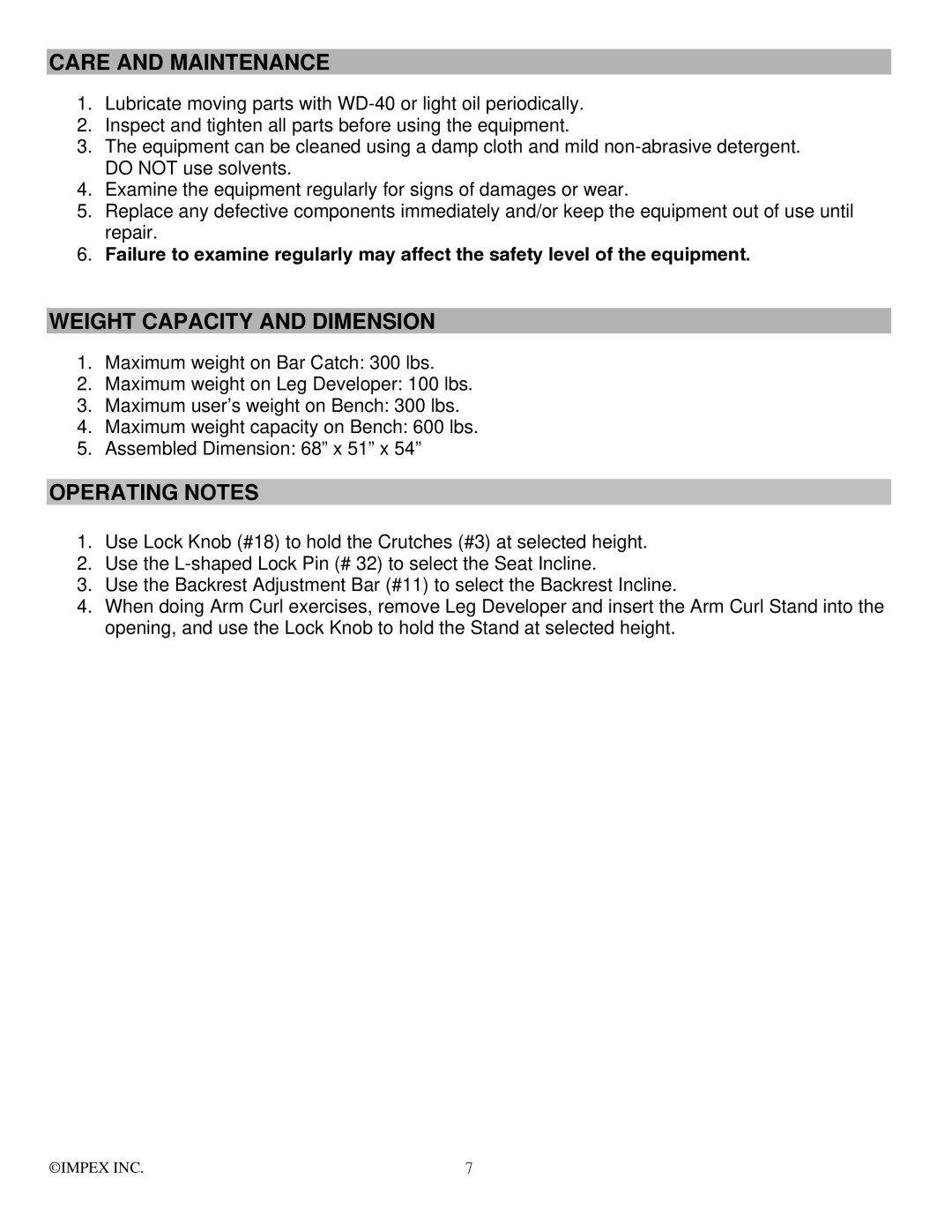 Impex MWB-715N manual Care and Maintenance, Weight Capacity and Dimension, Operating Notes 