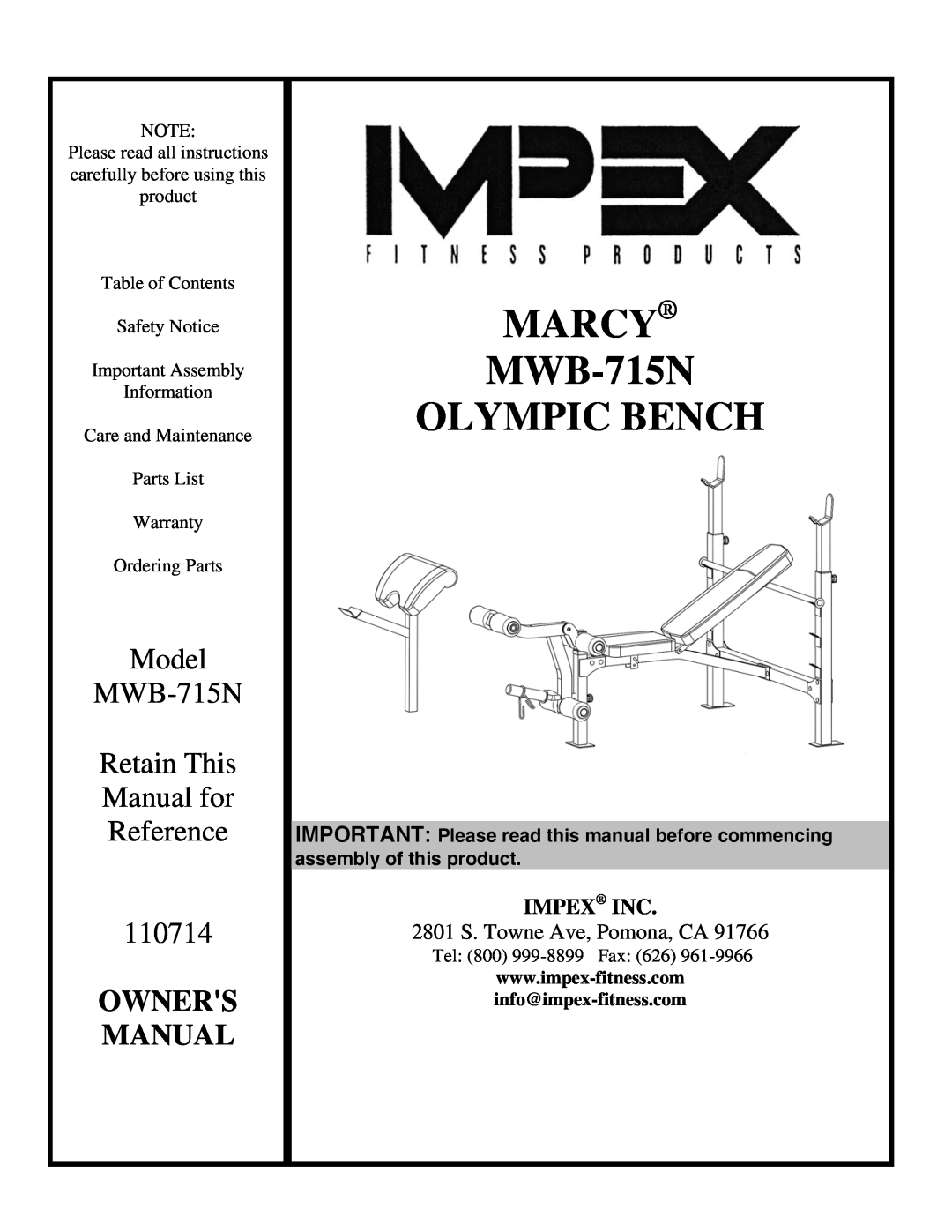 Impex manual MARCY MWB-715N OLYMPIC BENCH, Model MWB-715N Retain This Manual for Reference 110714, Owners Manual 