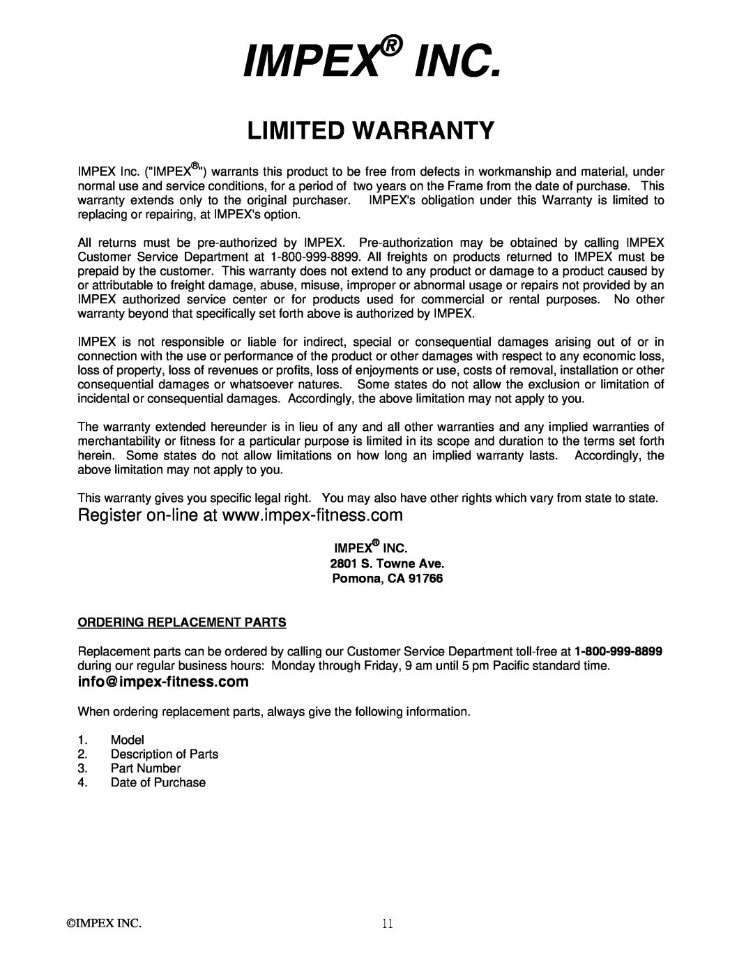 Impex MWB-715N manual Impex Inc, Limited Warranty, IMPEX INC 2801 S. Towne Ave Pomona, CA ORDERING REPLACEMENT PARTS 