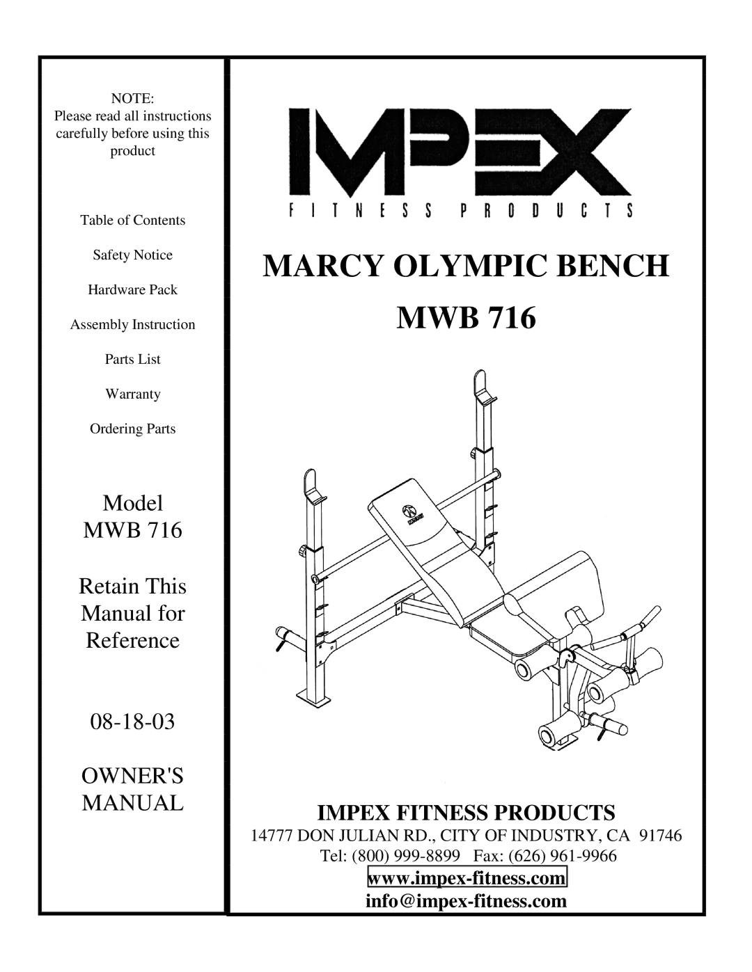 Impex MWB 716 manual Marcy Olympic Bench 