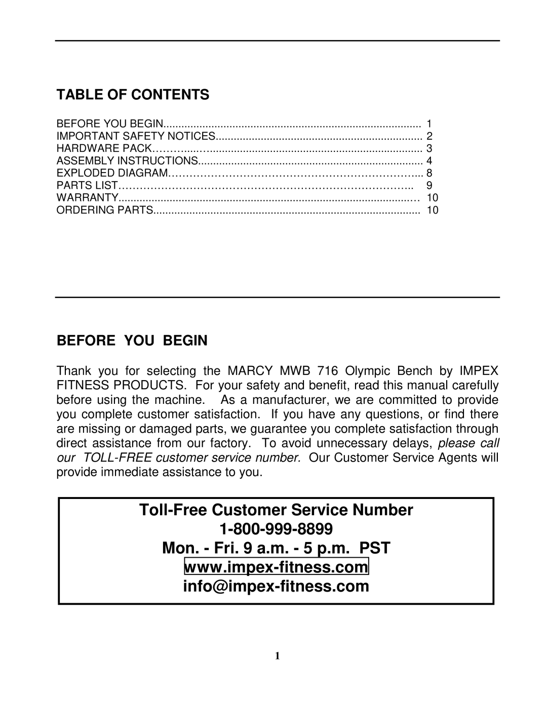 Impex MWB 716 manual Table of Contents, Before YOU Begin 