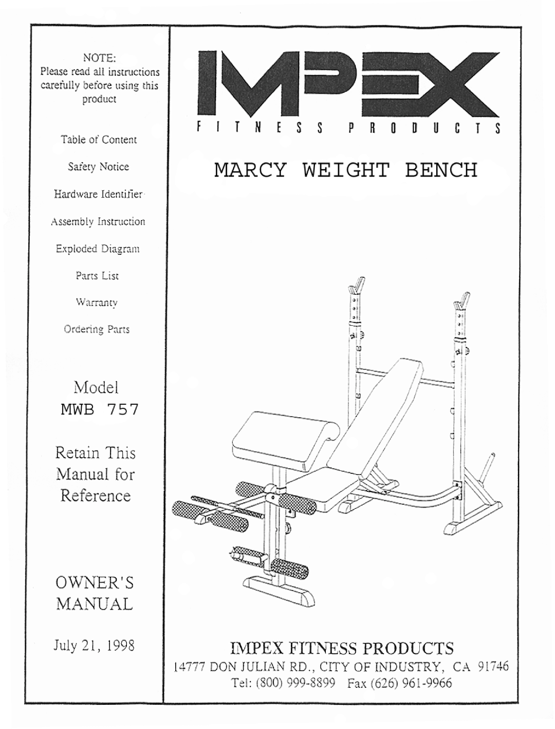 Impex Fitness Equipment, MWB 757, 157 manual 