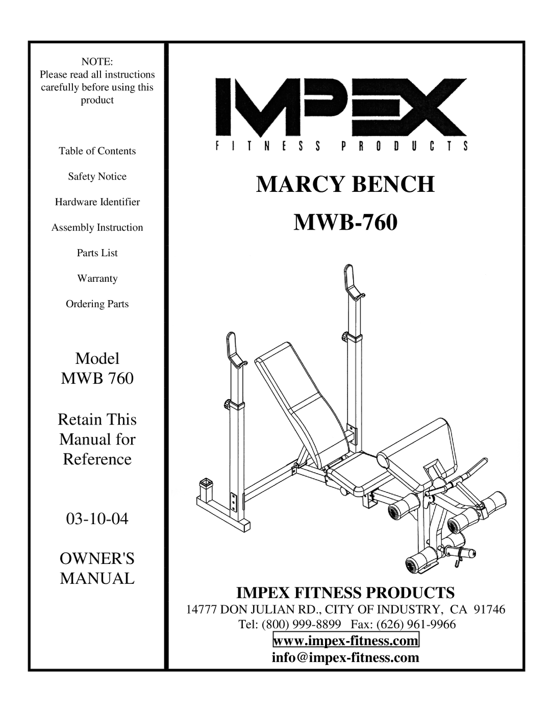 Impex MWB-760 manual Marcy Bench 