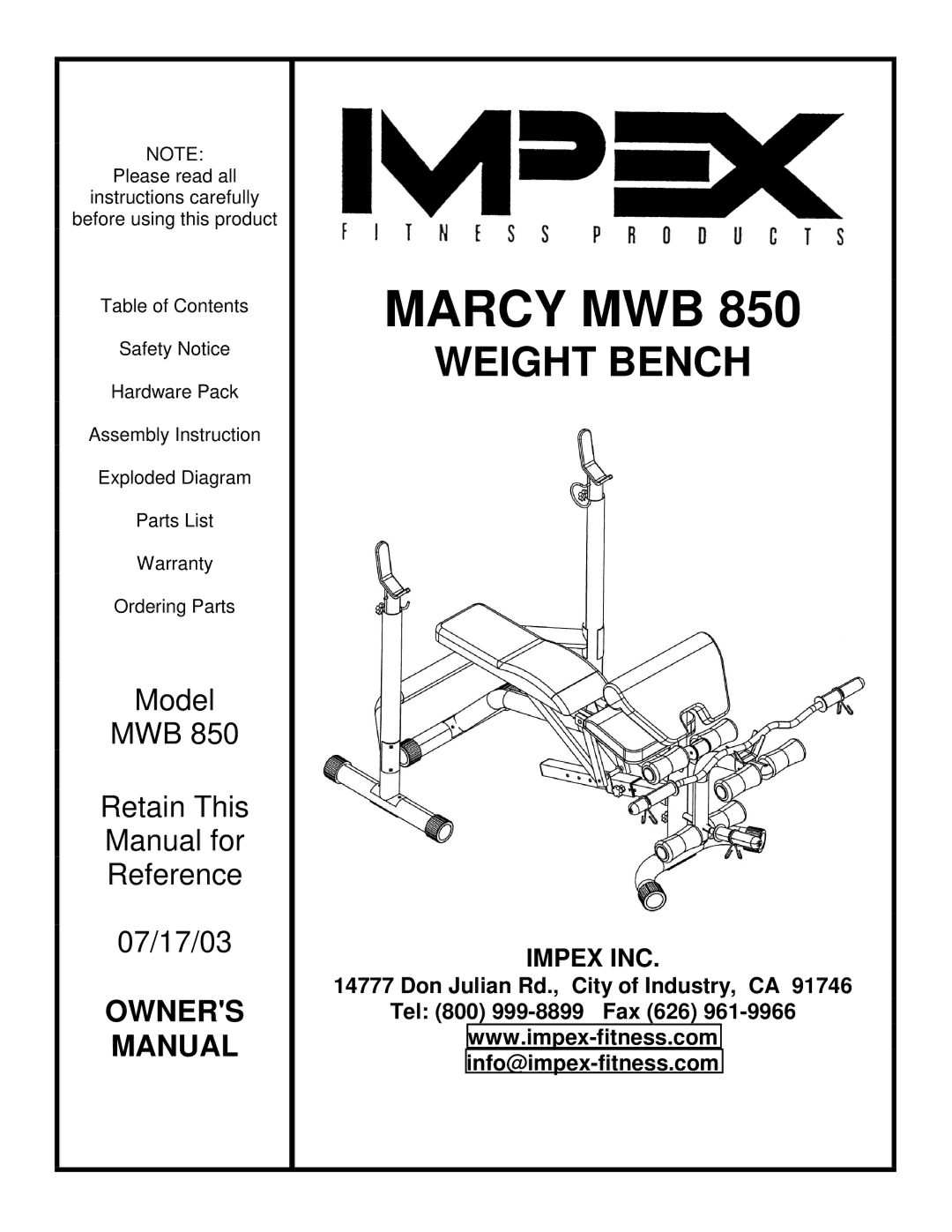 Impex MWB 850 manual Marcy MWB 