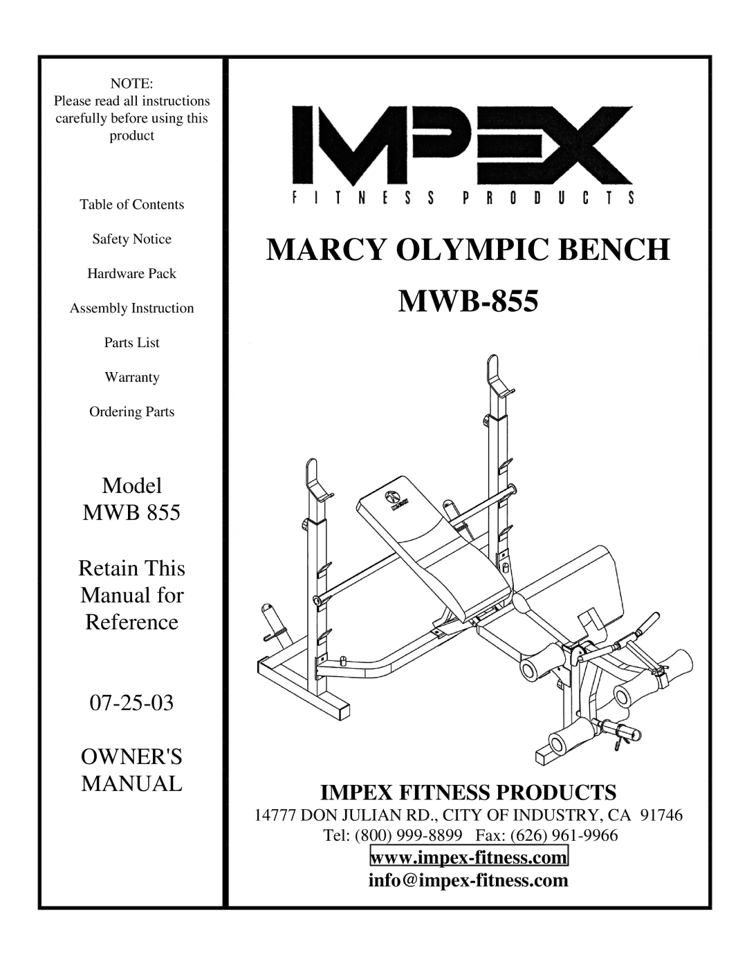 Impex MWB-855 manual Marcy Olympic Bench 