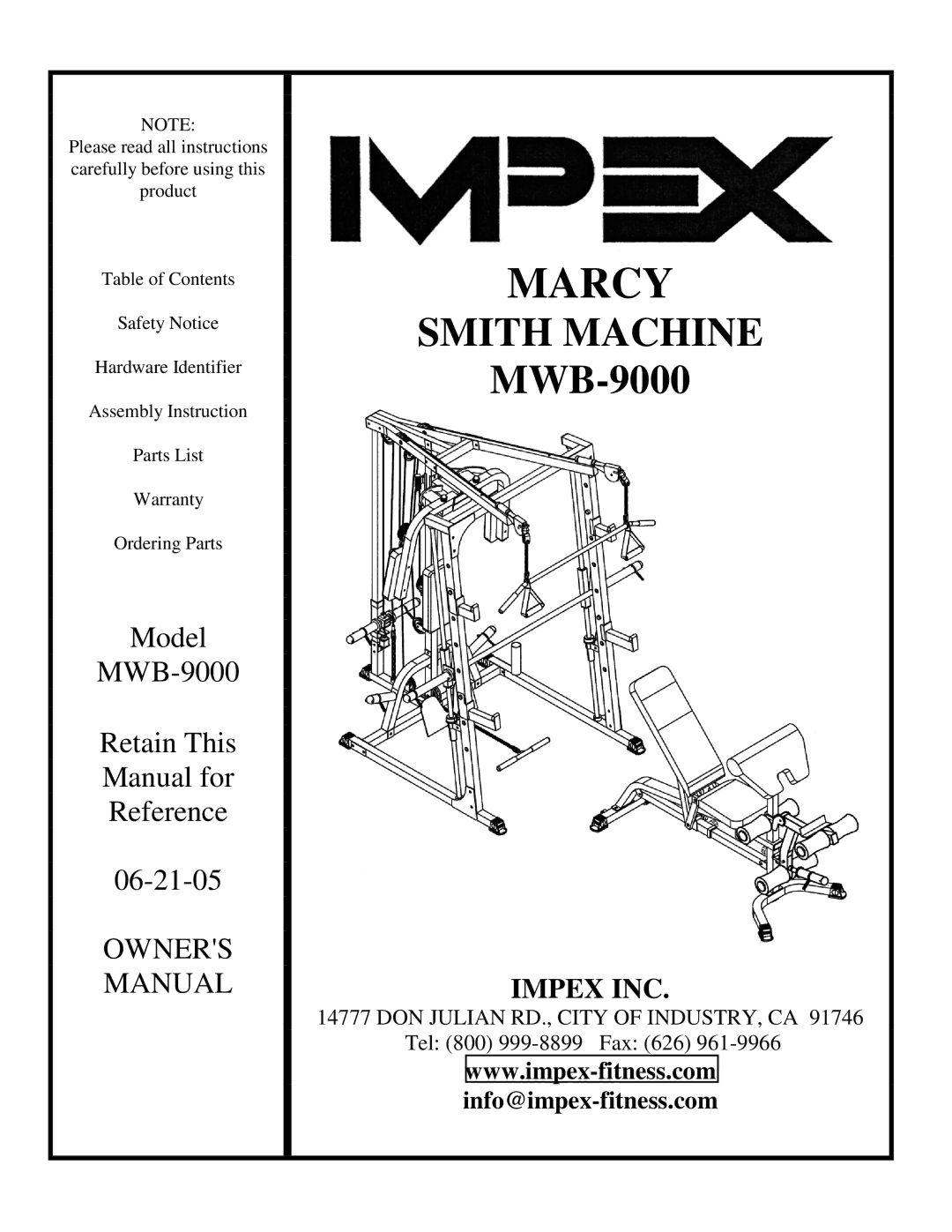 Impex MWB-9000 manual Marcy 