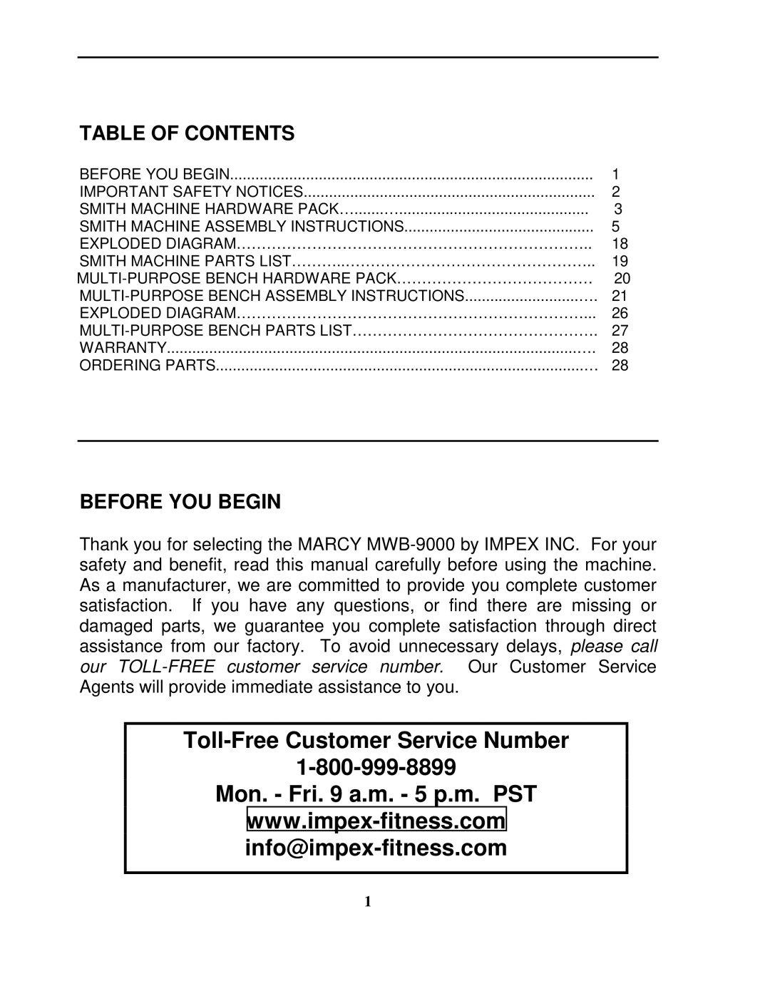 Impex MWB-9000 manual Toll-Free Customer Service Number Mon. Fri a.m. 5 p.m. PST 