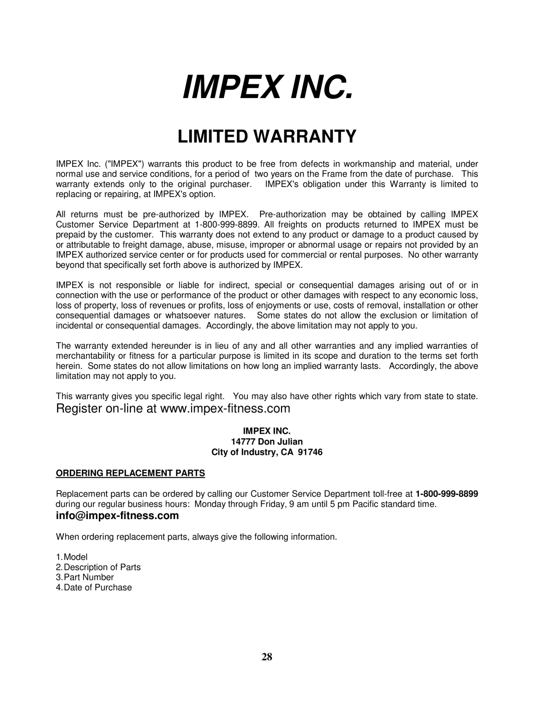 Impex MWB-9000 manual Impex INC, Info@impex-fitness.com 