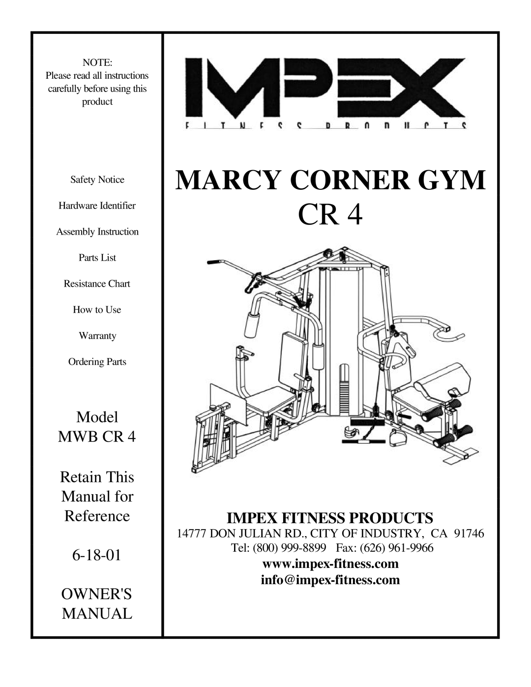 Impex MWB CR 4 manual Marcy Corner GYM 