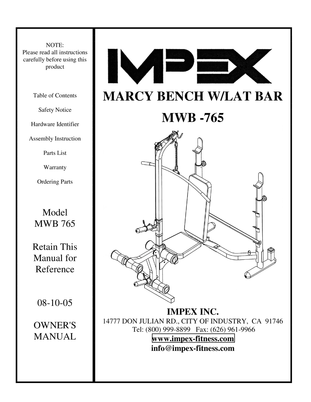 Impex MWB/765 manual Marcy Bench W/LAT BAR 