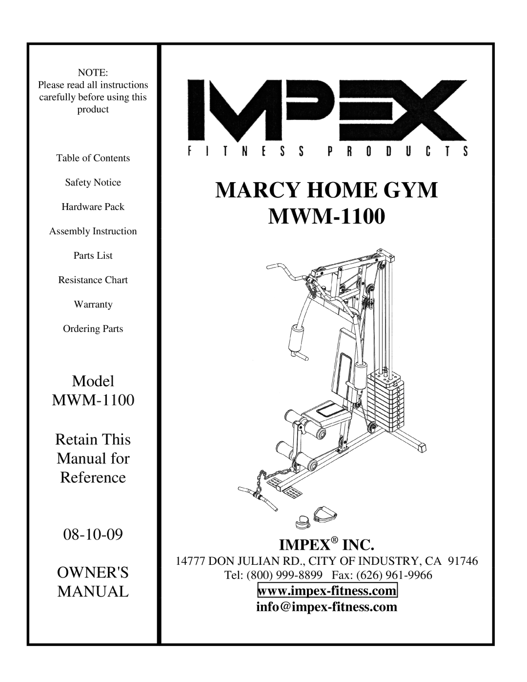 Impex MWM-1100 manual Marcy Home GYM 