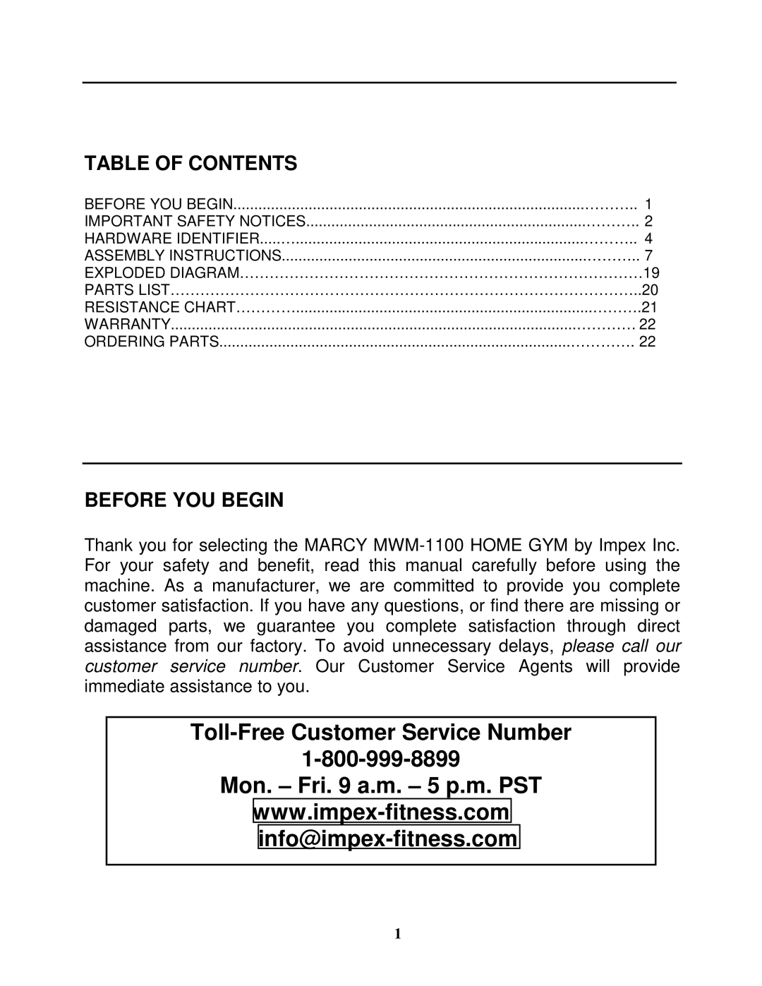 Impex MWM-1100 manual Toll-Free Customer Service Number Mon. Fri a.m. 5 p.m. PST 