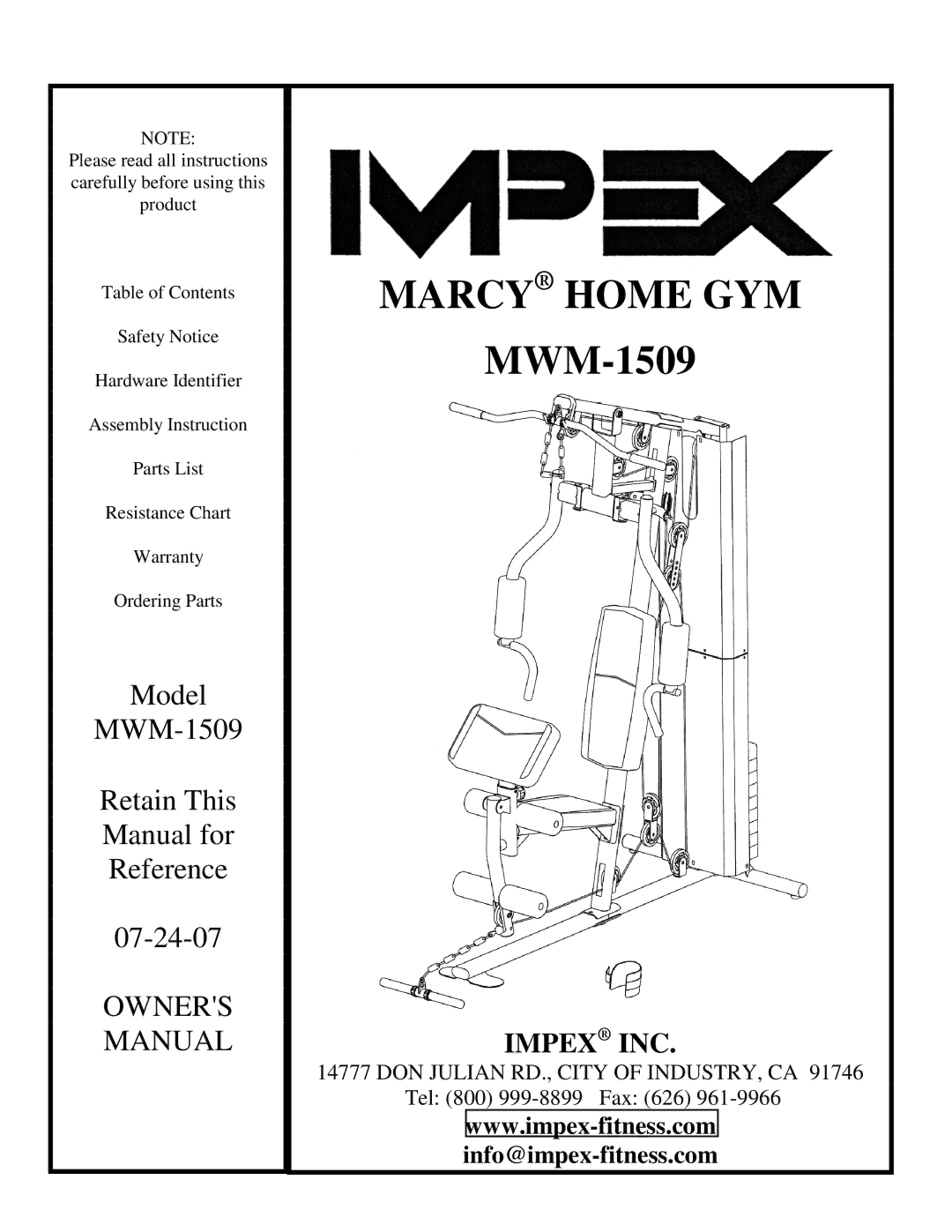 Impex MWM-1509 manual Marcy Home GYM 