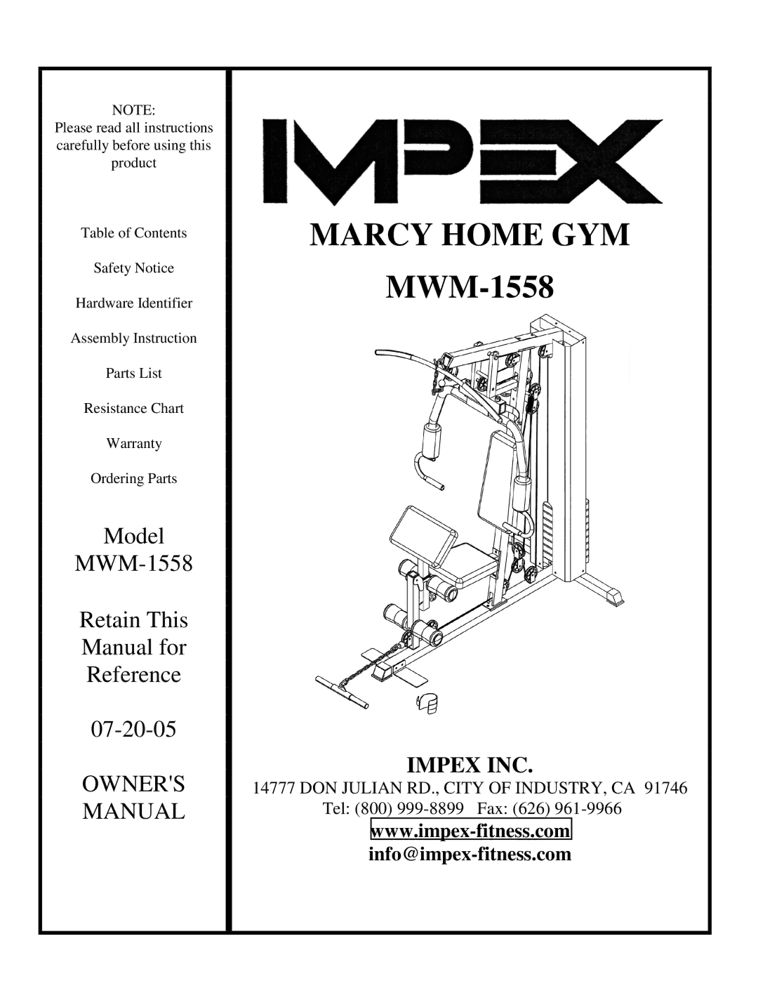 Impex MWM-1558 manual Marcy Home GYM 