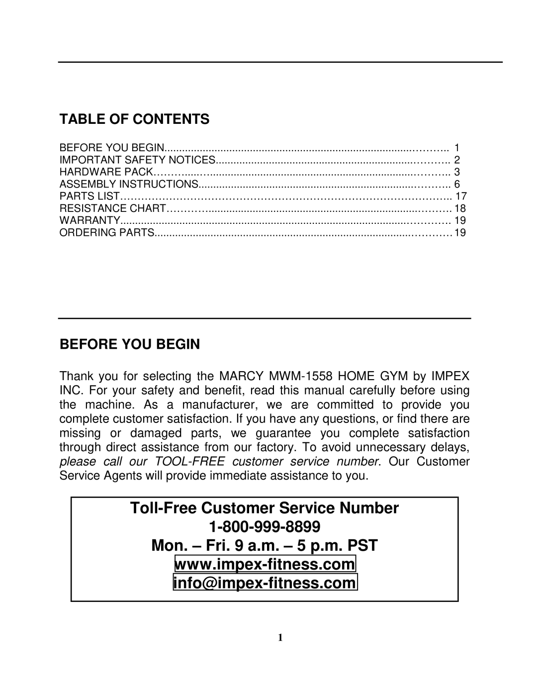 Impex MWM-1558 manual Toll-Free Customer Service Number Mon. Fri a.m. 5 p.m. PST 