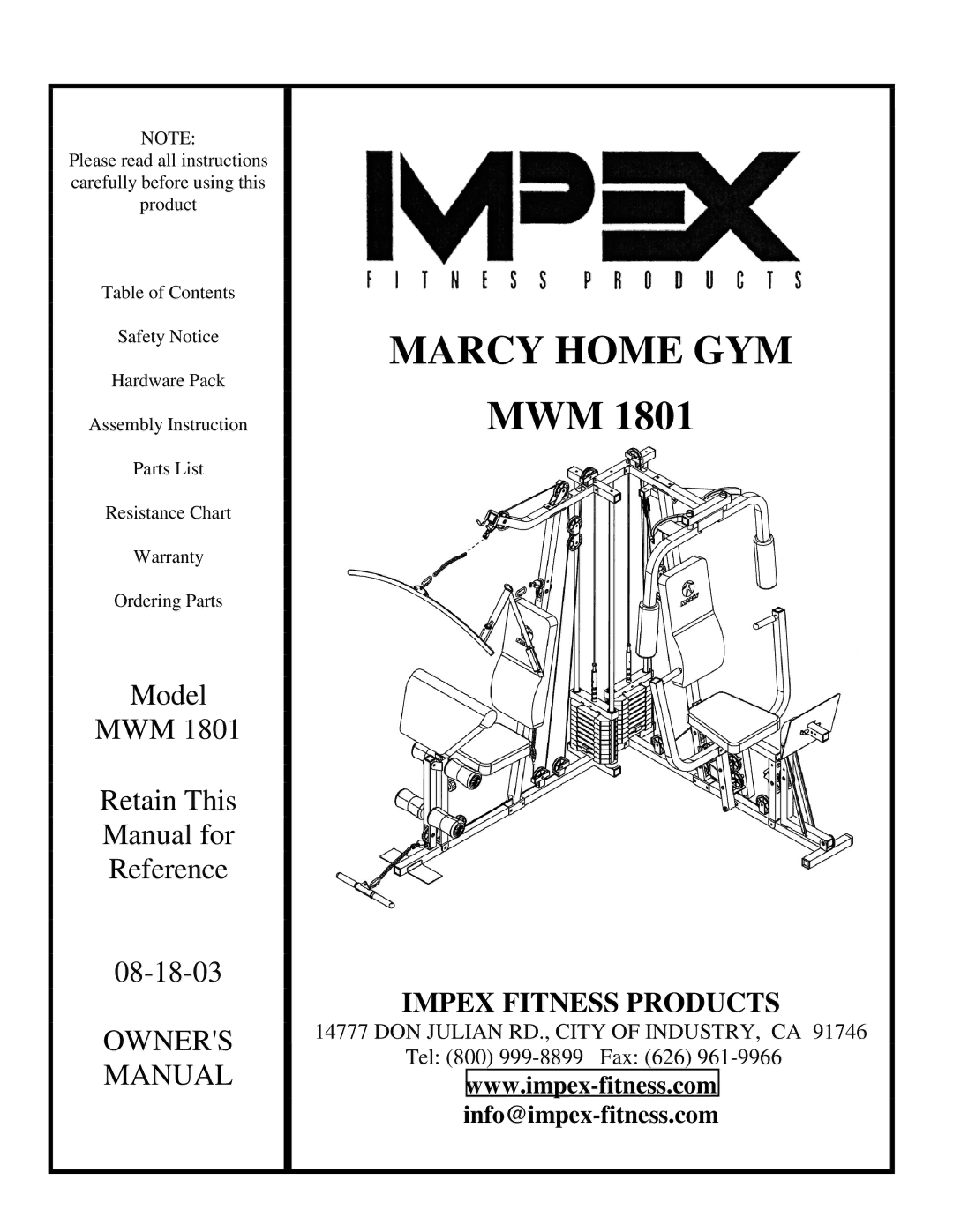 Impex MWM 1801 manual Marcy Home GYM 