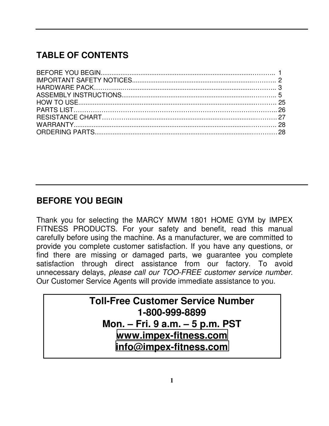 Impex MWM 1801 manual Toll-Free Customer Service Number Mon. Fri a.m. 5 p.m. PST 