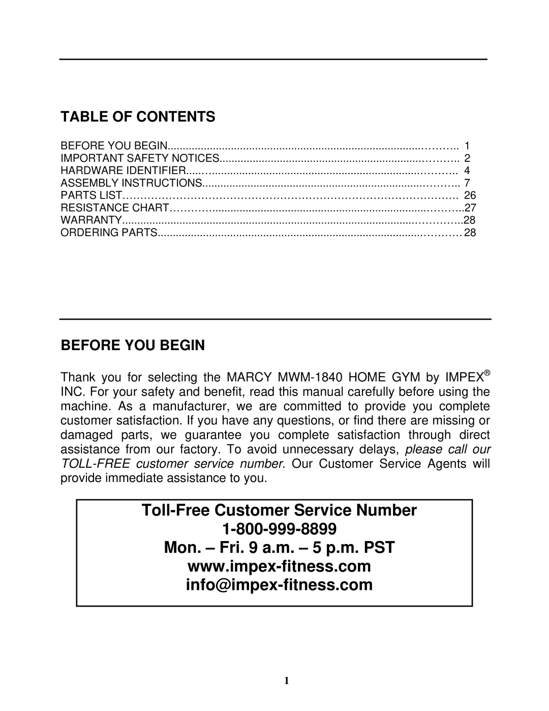 Impex MWM-1840 manual Toll-Free Customer Service Number Mon. Fri a.m. 5 p.m. PST 