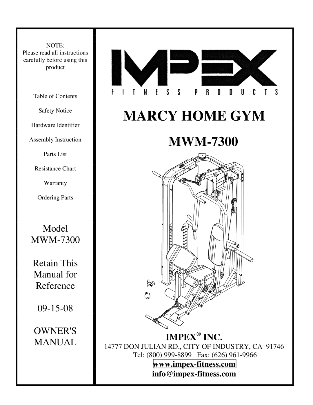 Impex MWM-7300 manual Marcy Home GYM 