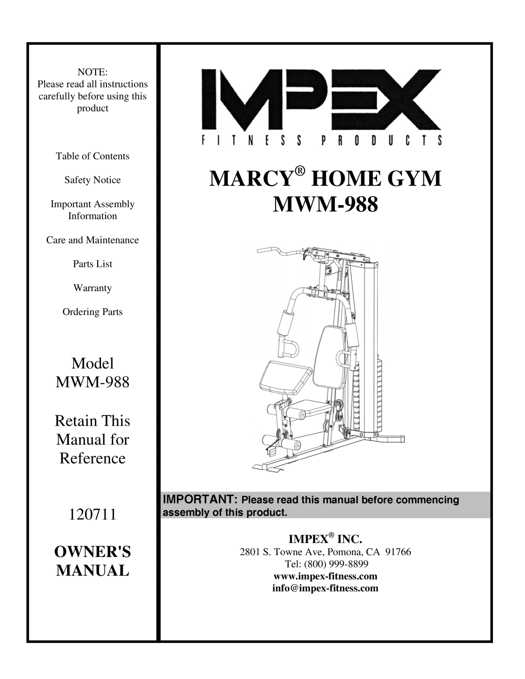 Impex MWM-988 manual Marcy Home GYM 